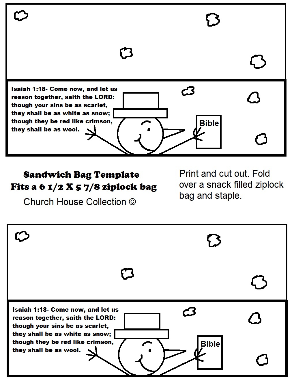 Free Christmas Snowman Isaiah 1:18 Ziplock Bag Template for snacks. Use with our Free Christmas Sunday school lessons for kids by Church House Collection.